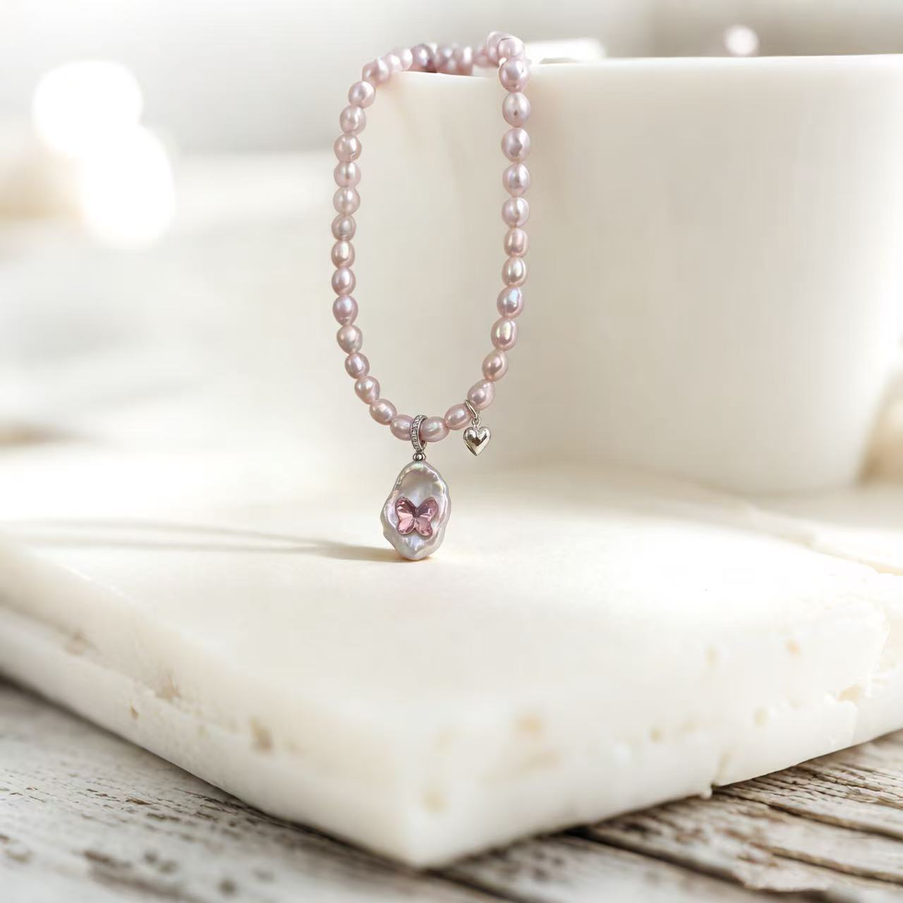 Pink Pearl Necklace with Baroque Pearl & Swarovski Butterfly
