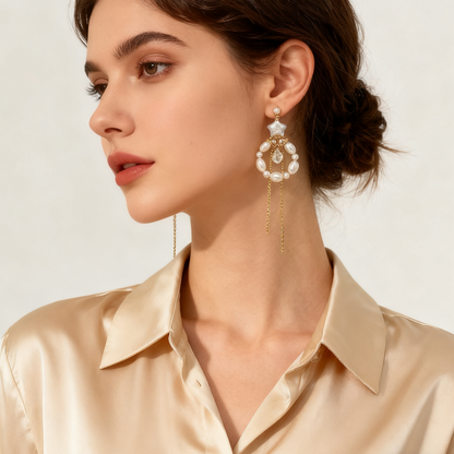 Baroque Star Pearl Drop Earrings with Chain Detail