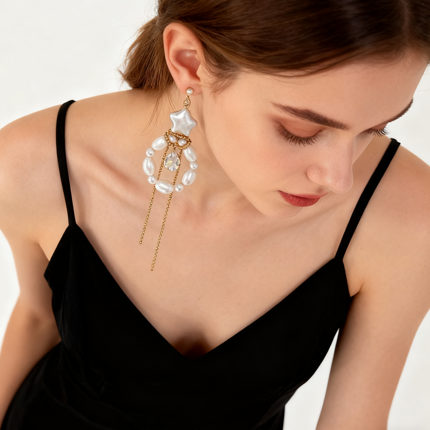 Baroque star pearl drop earrings with gold chain detail