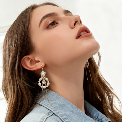 Baroque Star Pearl Drop Earrings with Chain Detail