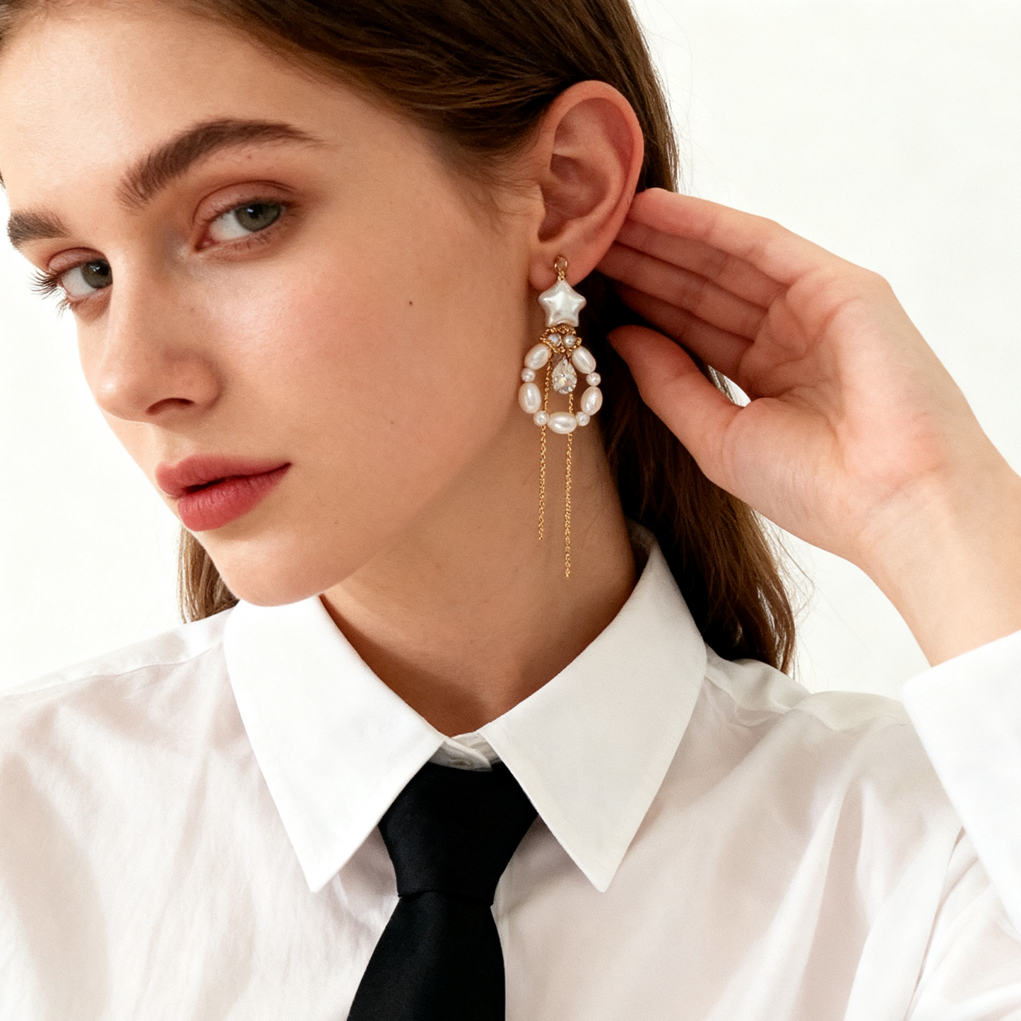 Baroque Star Pearl Drop Earrings with Chain Detail