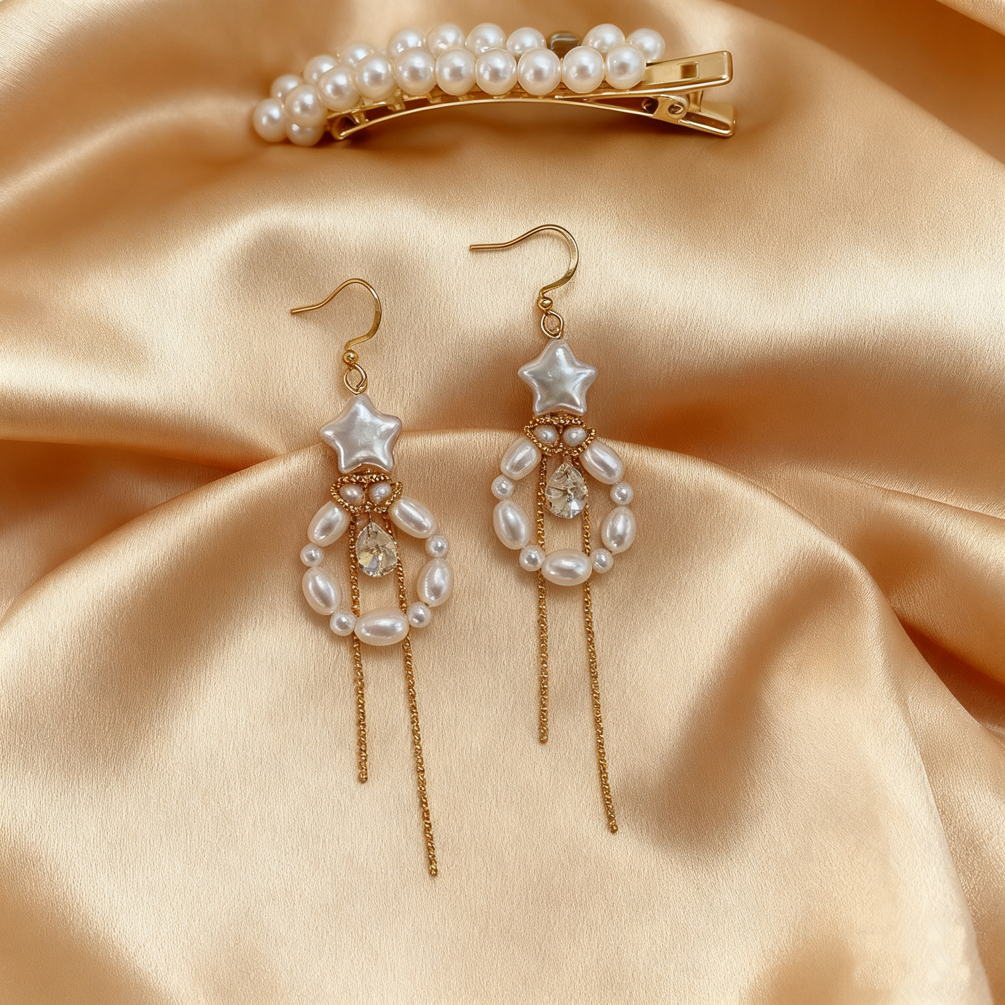 Baroque Star Pearl Drop Earrings with Chain Detail