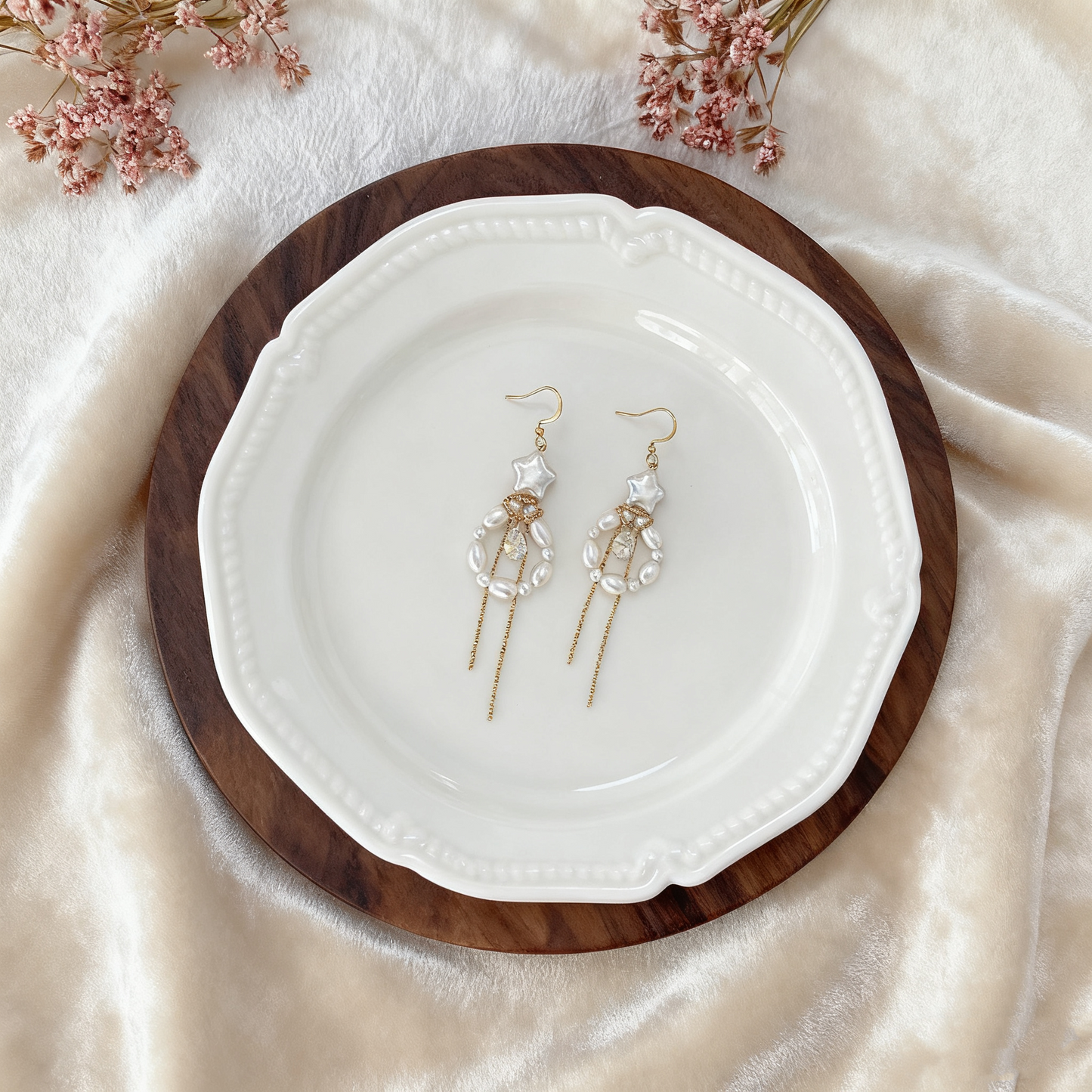 Baroque Star Pearl Drop Earrings with Chain Detail