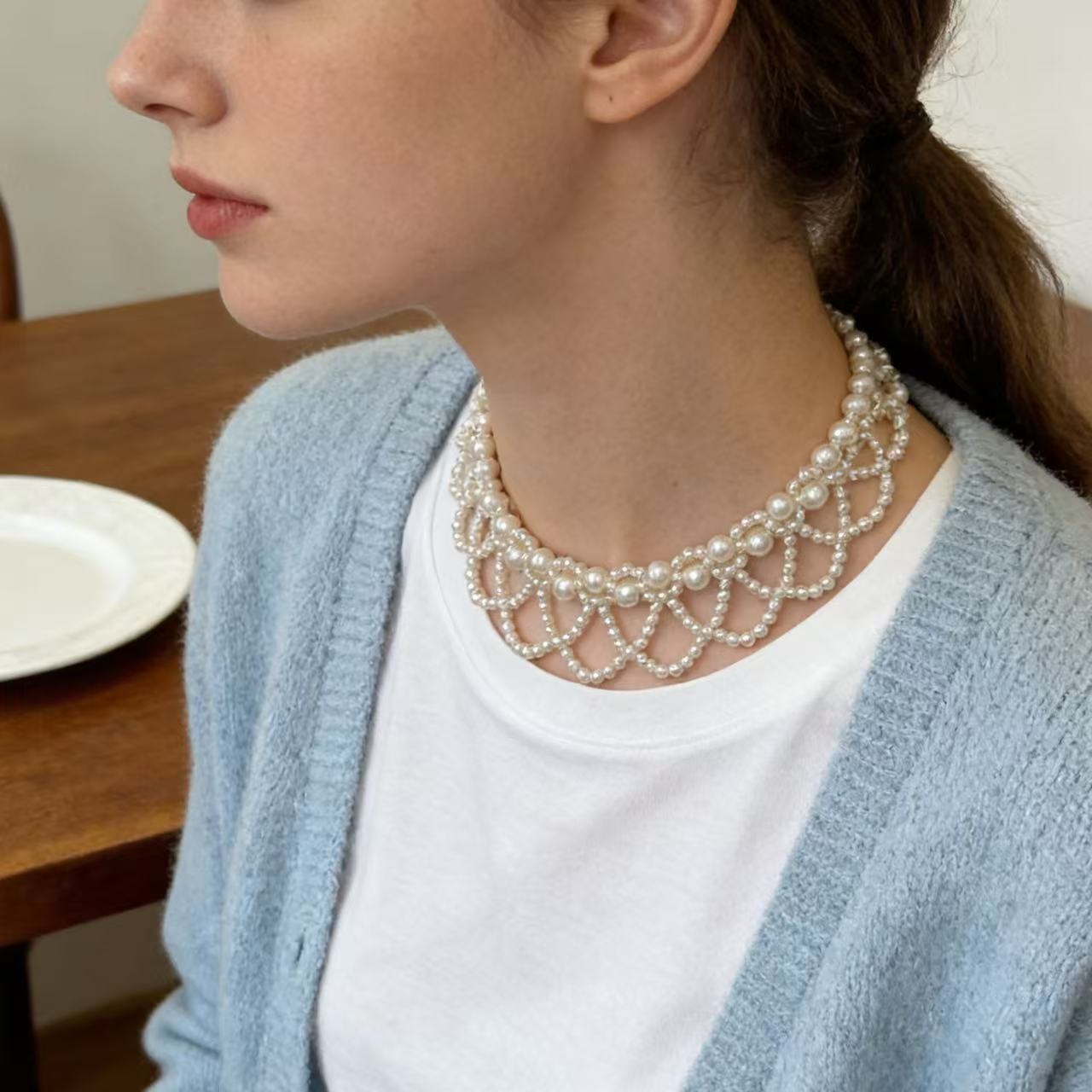 Beaded Faux Pearl Scalloped Choker Necklace