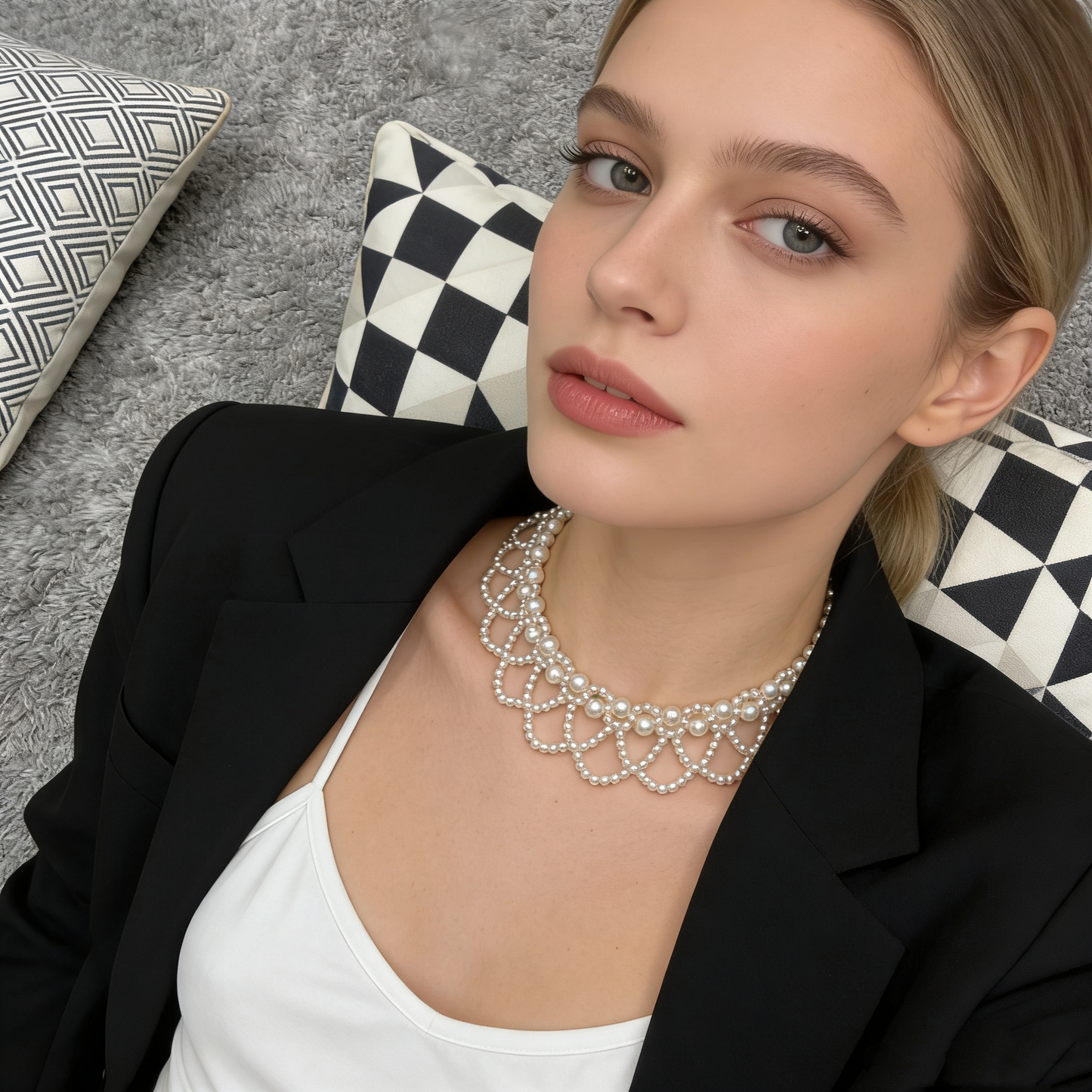 Beaded Faux Pearl Scalloped Choker Necklace