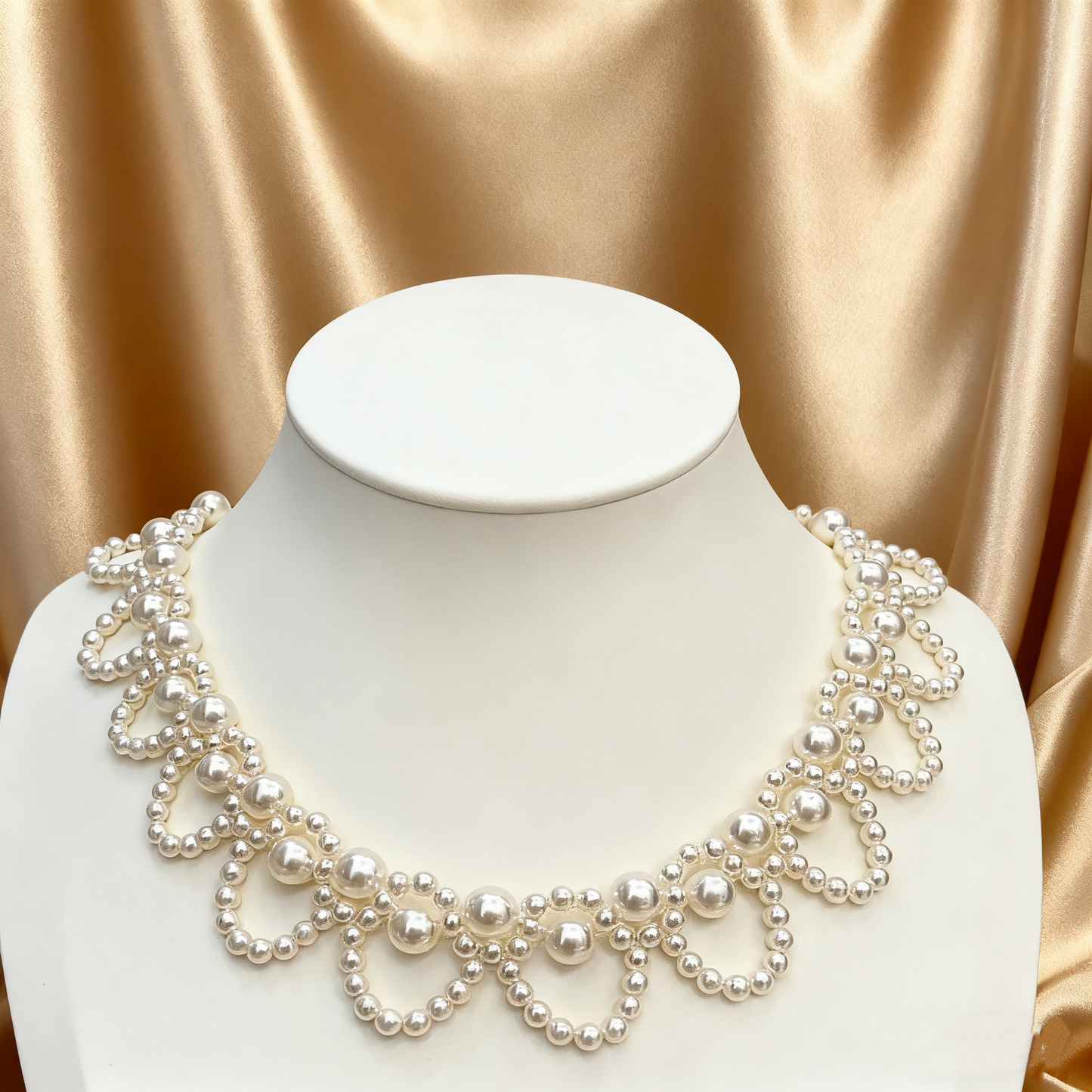 Handmade faux pearl choker necklace with lace-inspired design