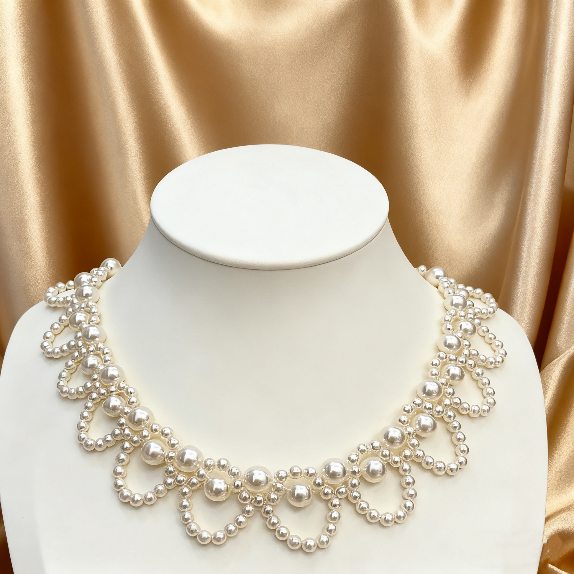 Handmade faux pearl choker necklace with lace-inspired design