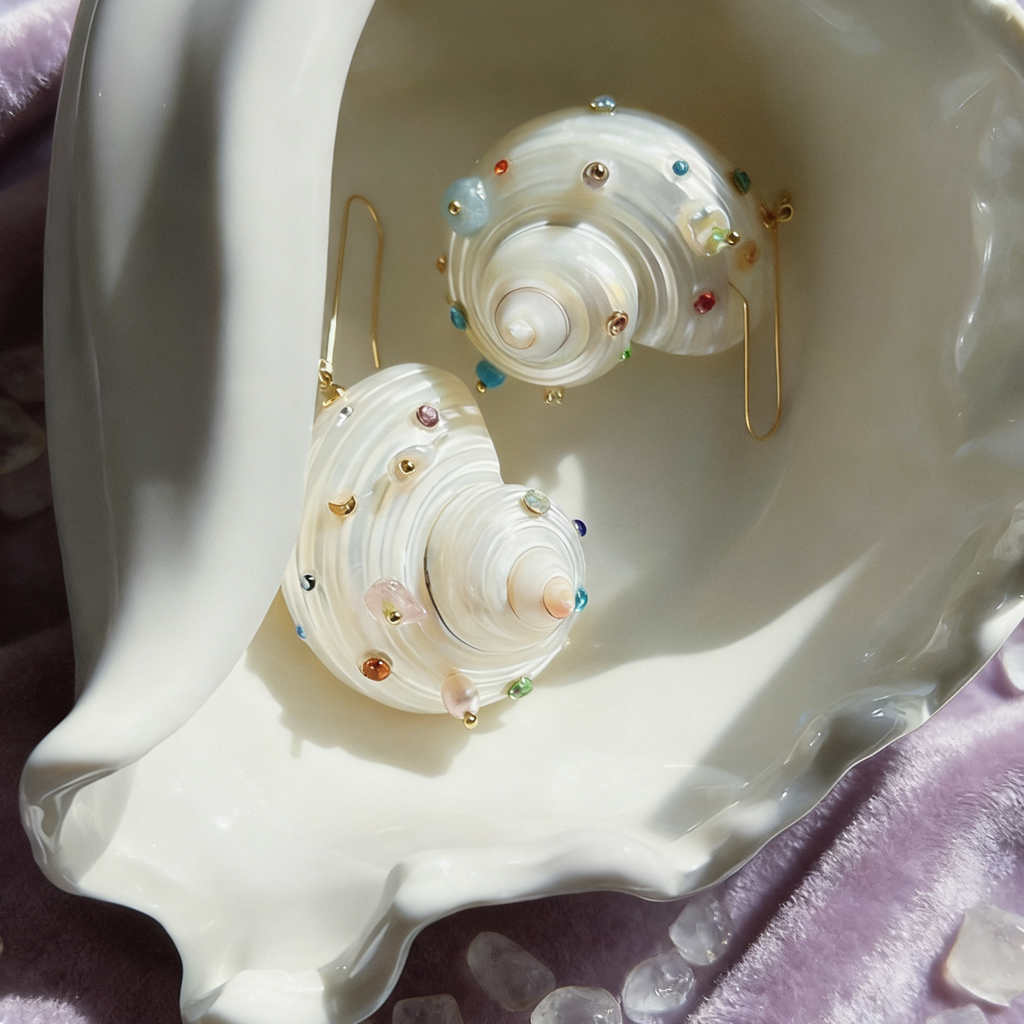 Artisan shell earrings featuring spiral shell texture and Swarovski® crystal accents