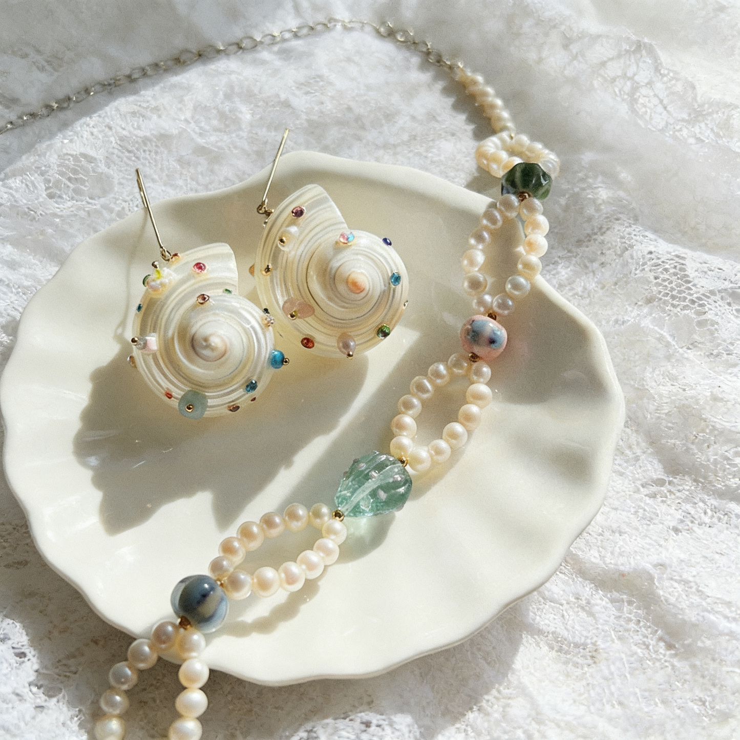 Handmade Shell Pearl Earrings with Swarovski Crystals