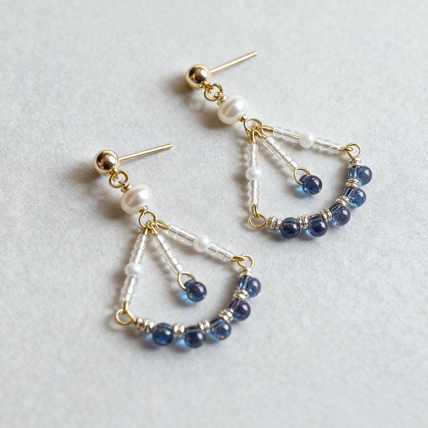 Handmade Pearl & Blue Beaded Drop Earrings