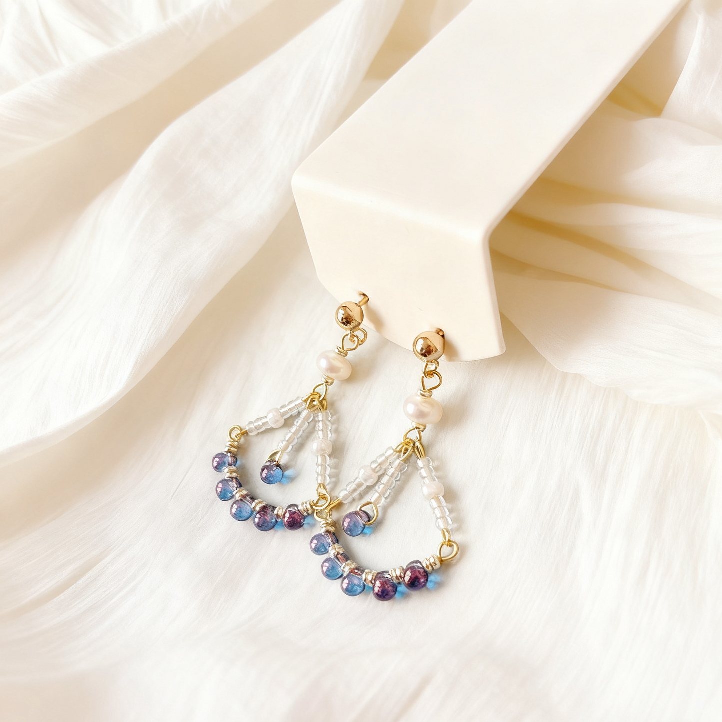 Handmade Pearl & Blue Beaded Drop Earrings