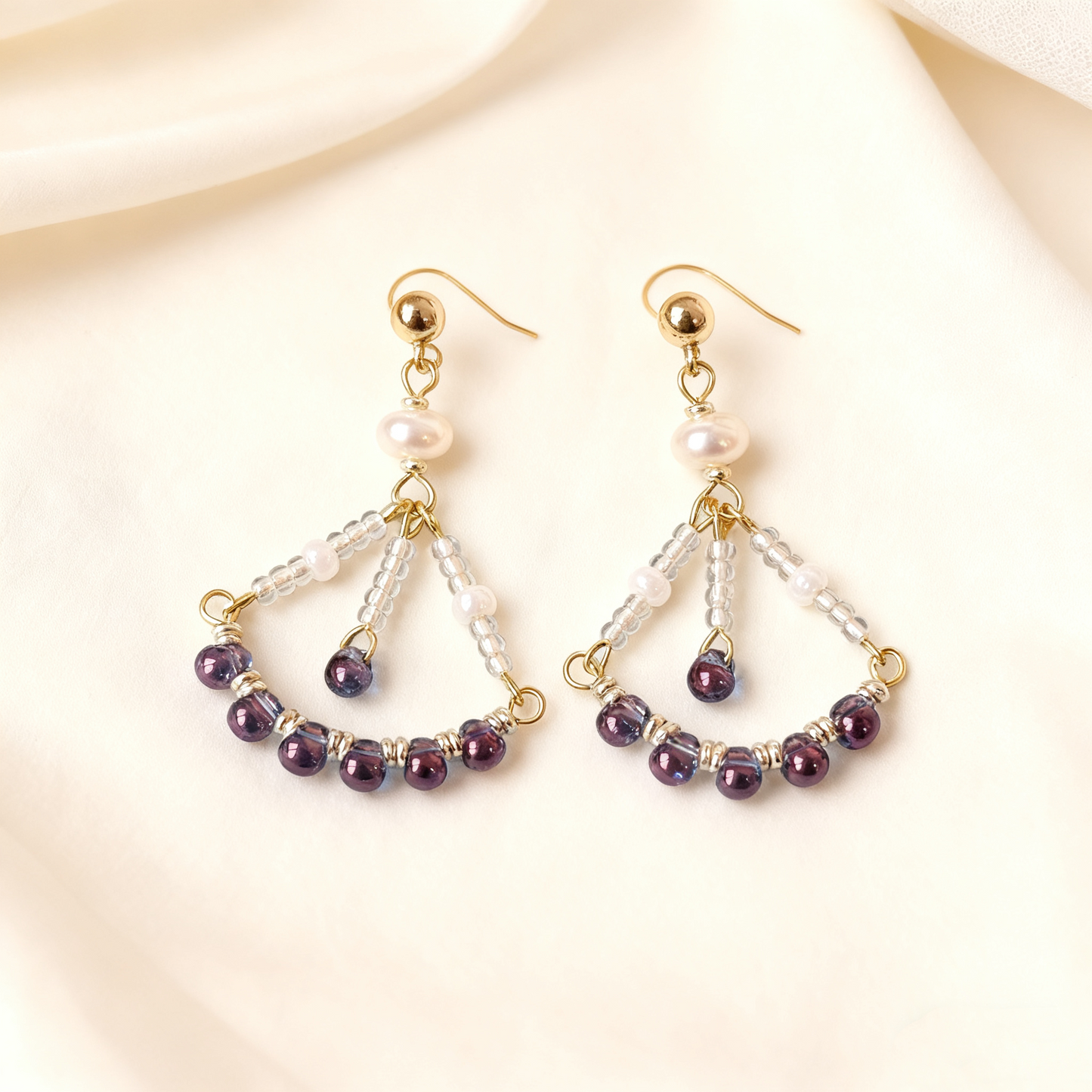 Handmade Pearl & Blue Beaded Drop Earrings