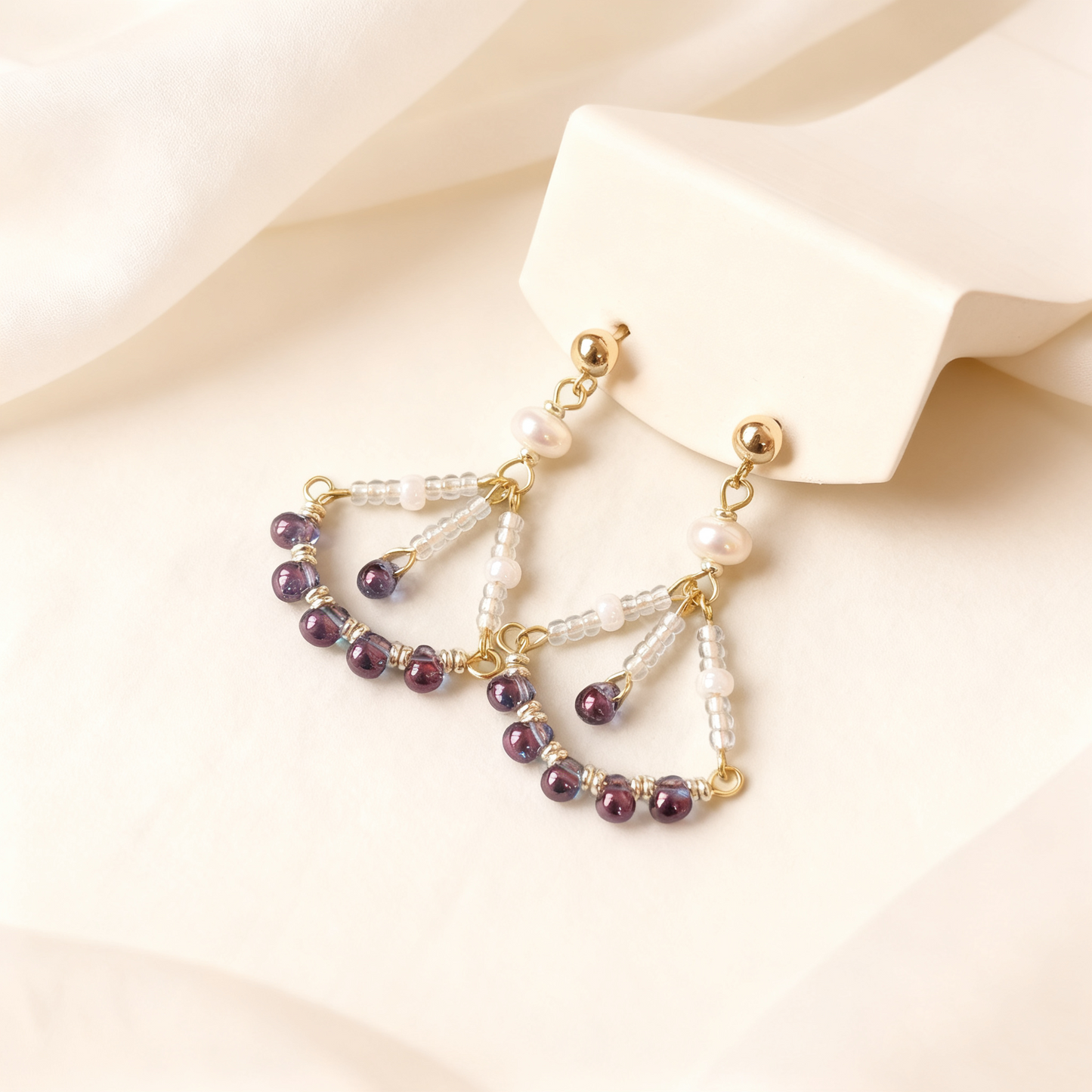 Handmade Pearl & Blue Beaded Drop Earrings