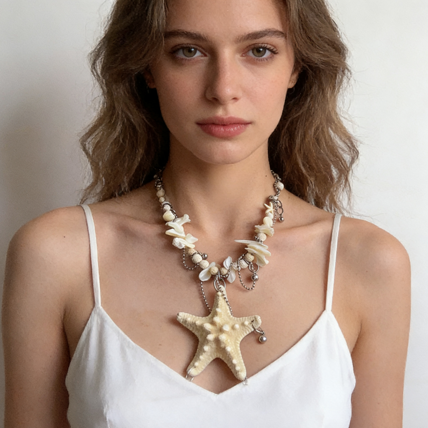 Handmade natural starfish shell statement necklace worn by model