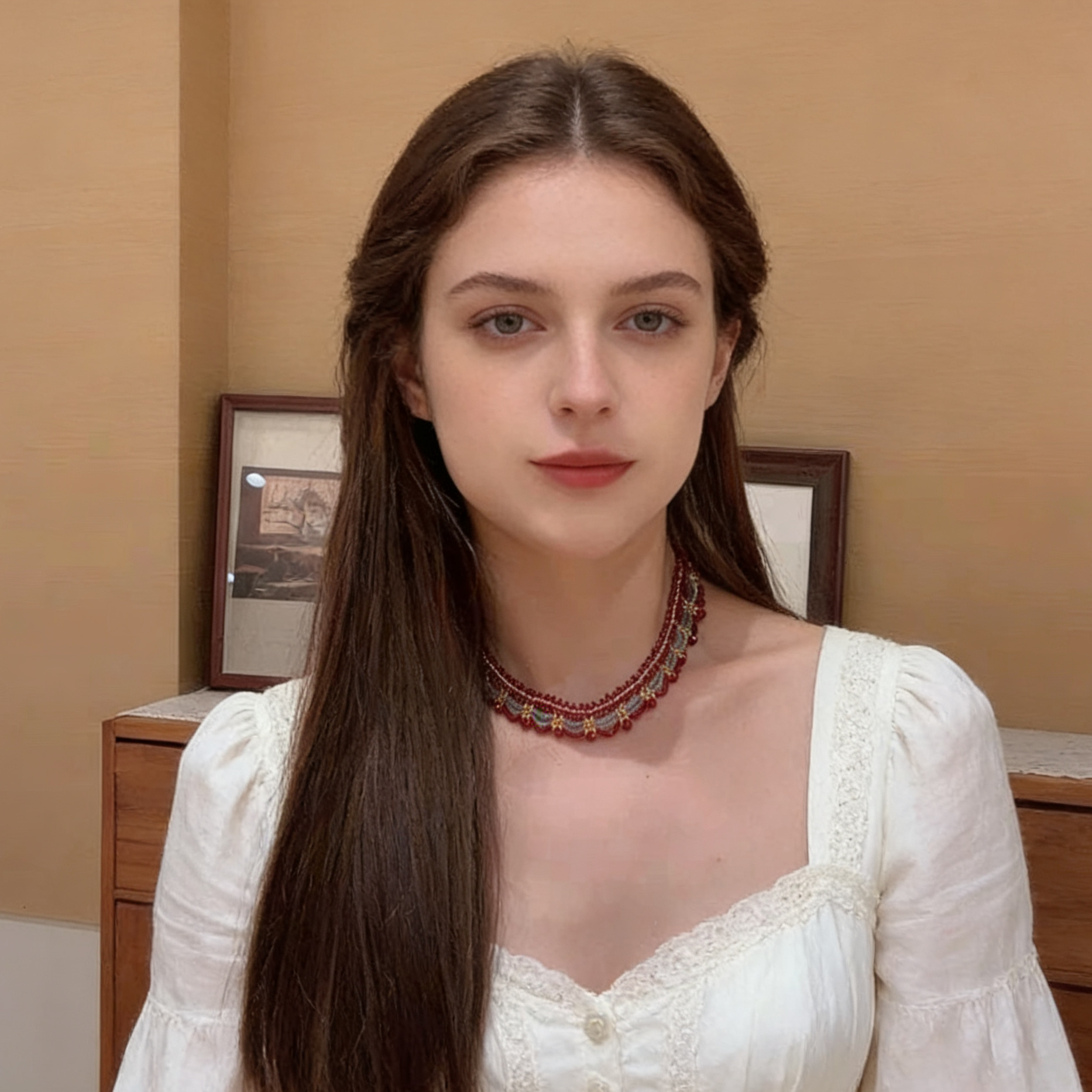 Layered beaded choker necklace worn on neck