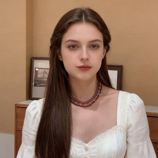 Layered beaded choker necklace worn on neck