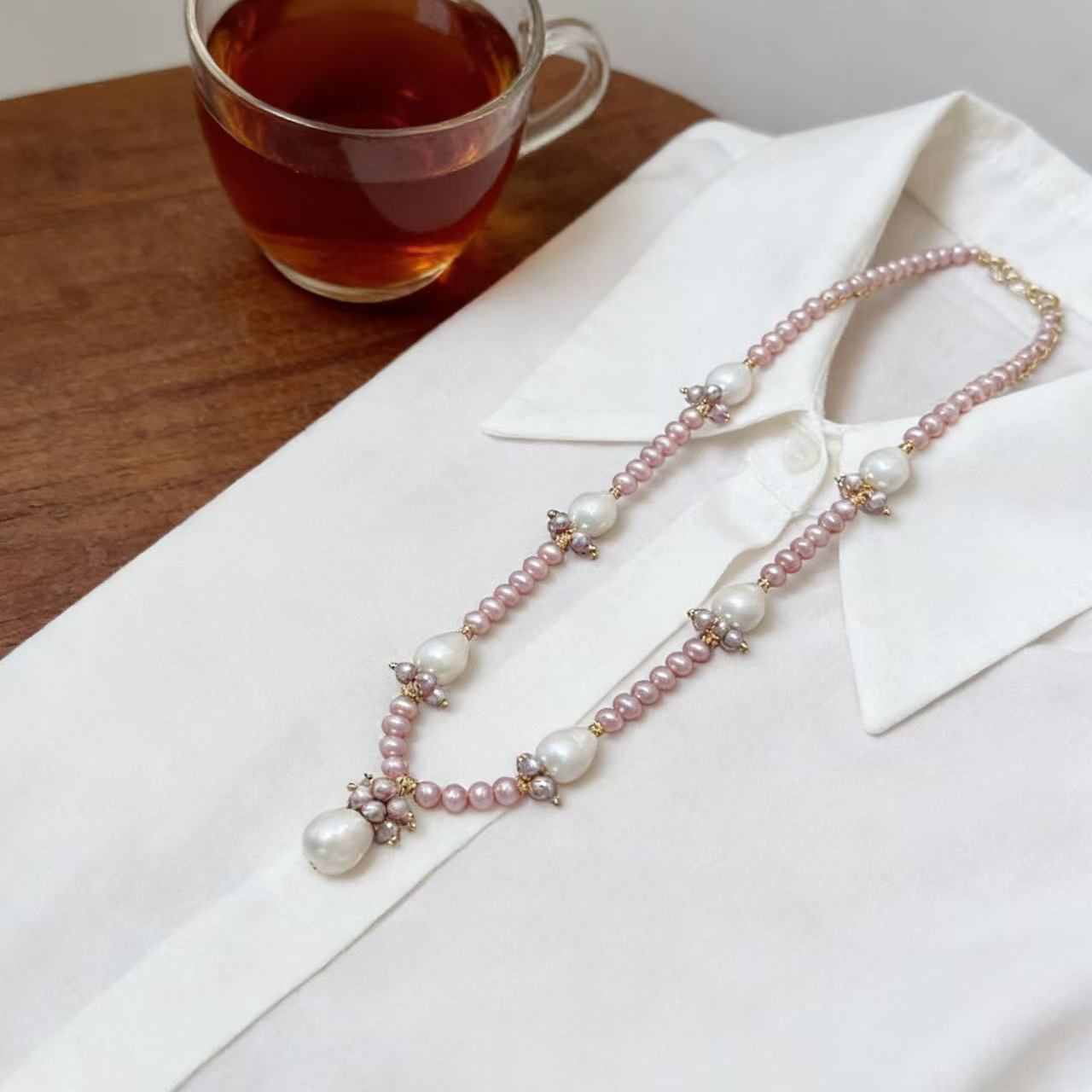 Pink Pearl Drop Charm Necklace