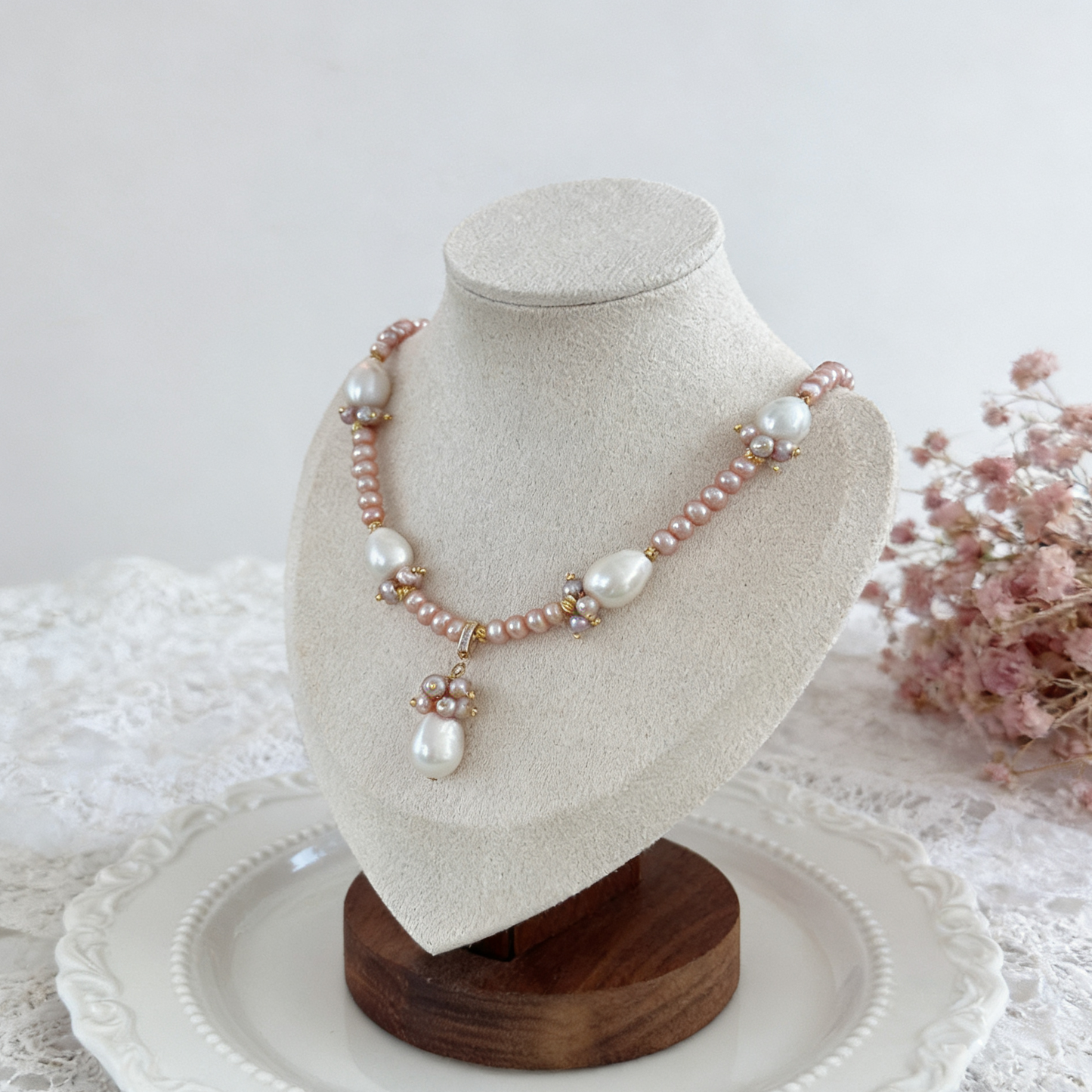 Pink Pearl Drop Charm Necklace