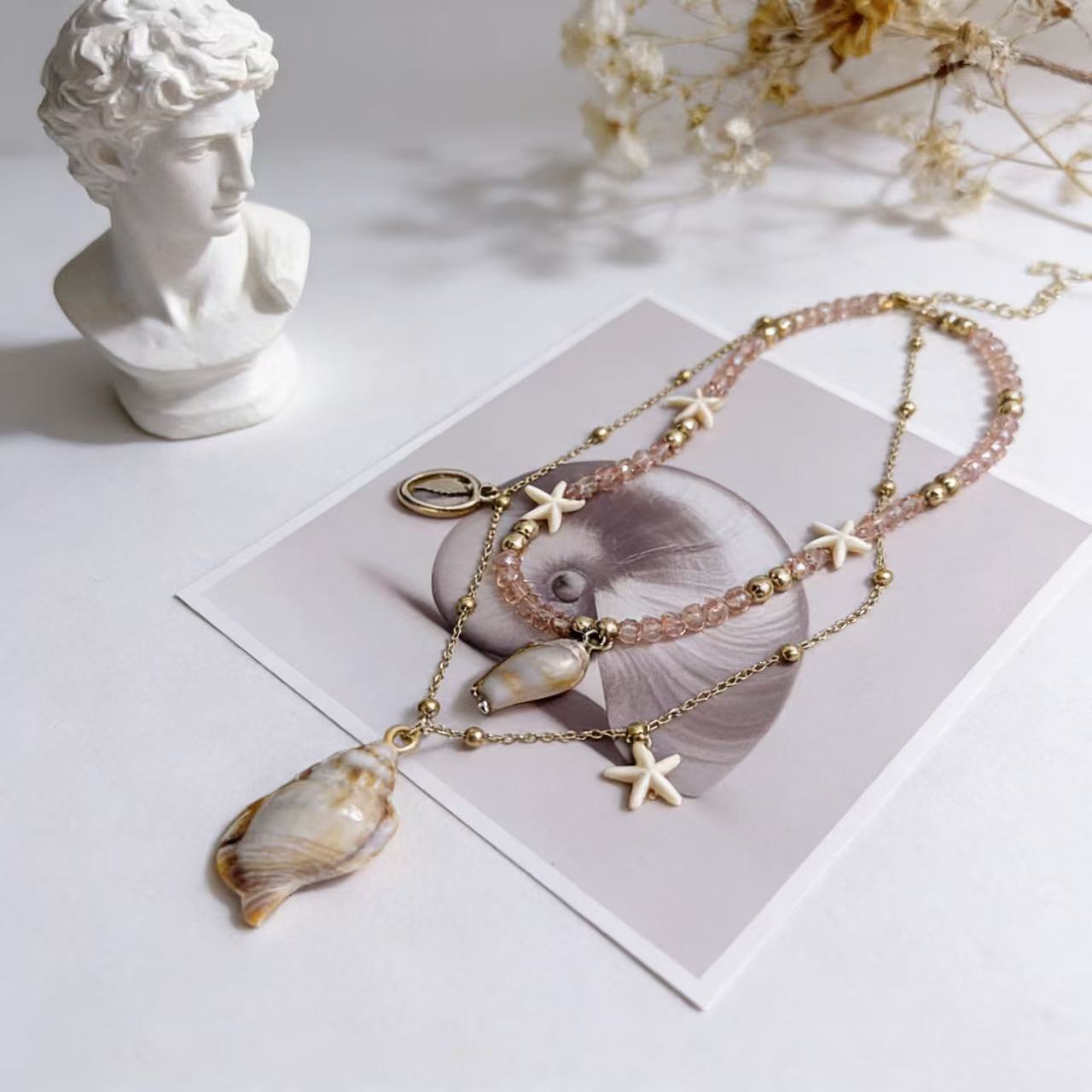 Layered Shell Pearl Charm Necklace