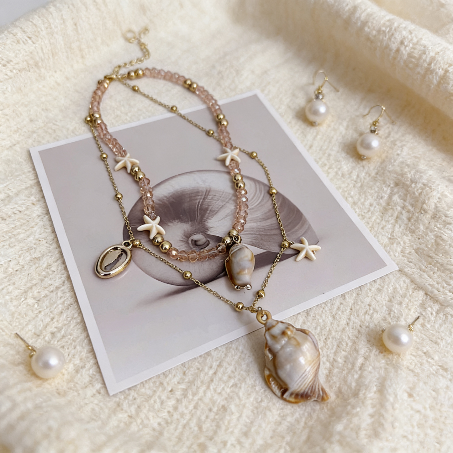 Layered Shell Pearl Charm Necklace