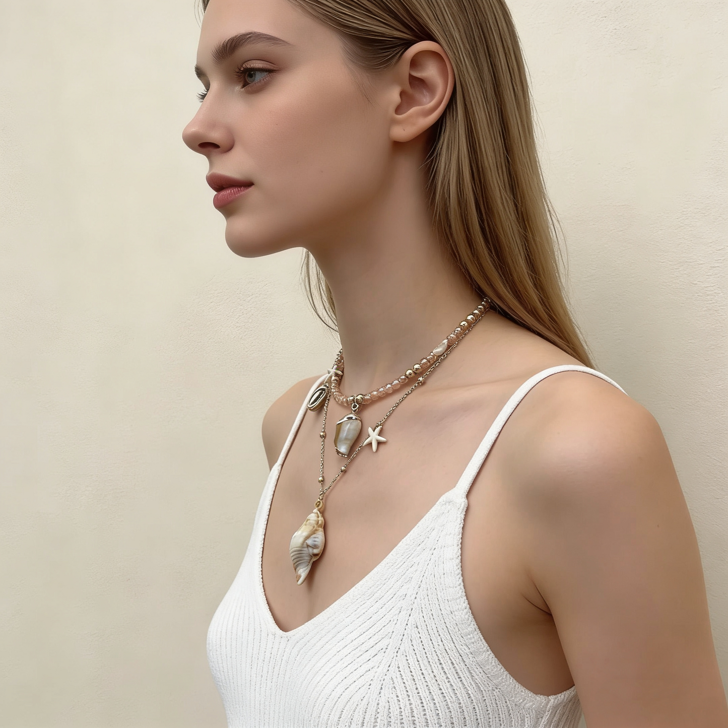 Layered Shell Pearl Charm Necklace