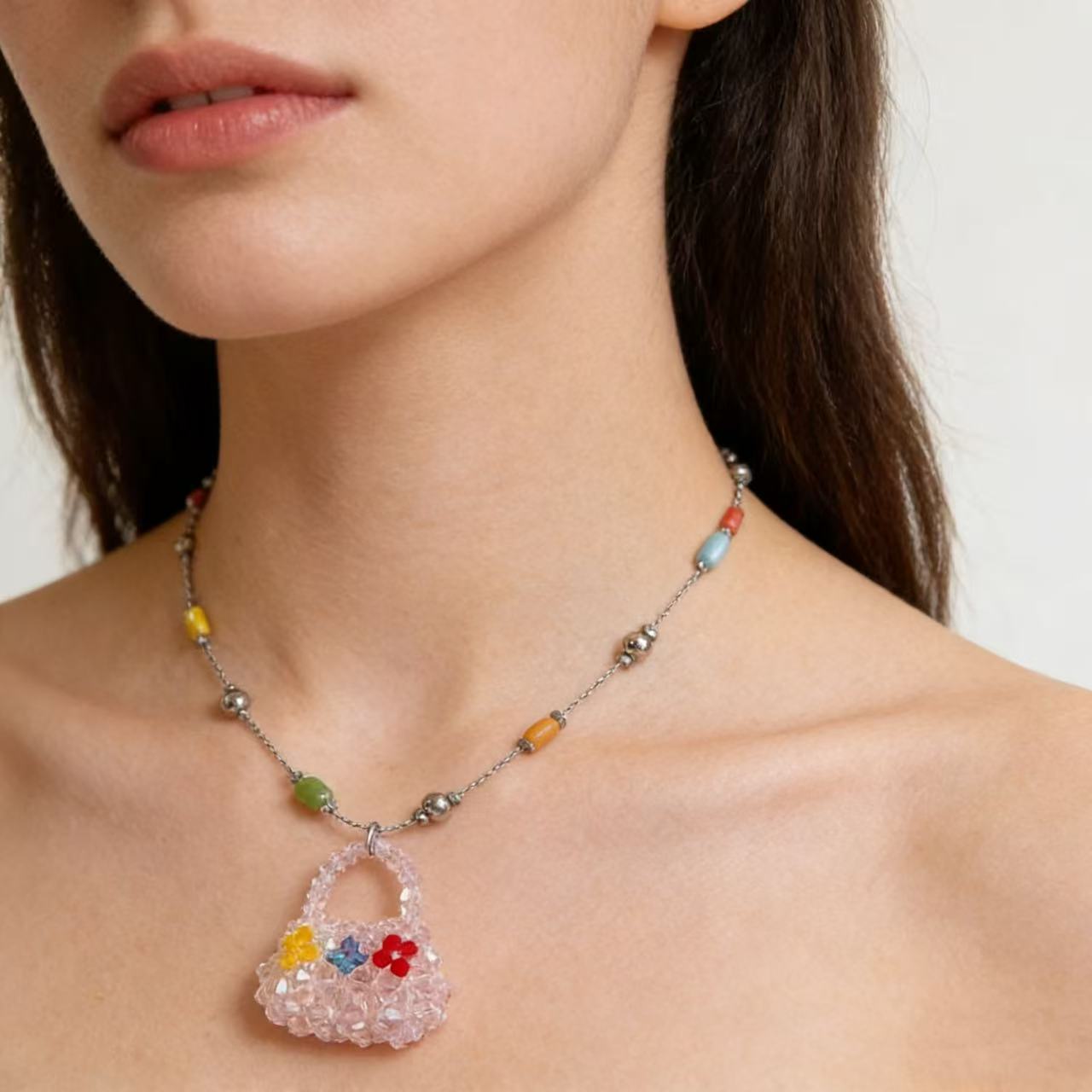 Beaded mini bag pendant necklaces in colorful designs