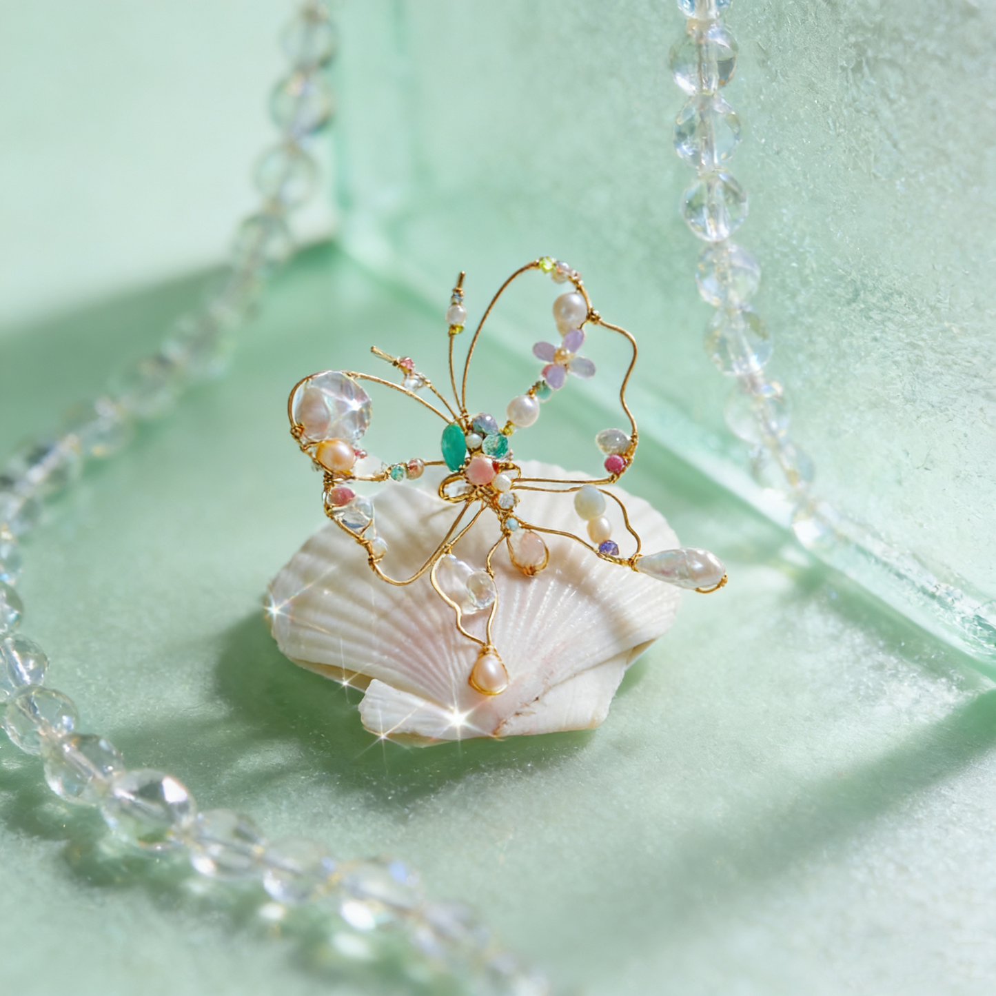 Artisan copper wire wrapped butterfly ring featuring freshwater pearls