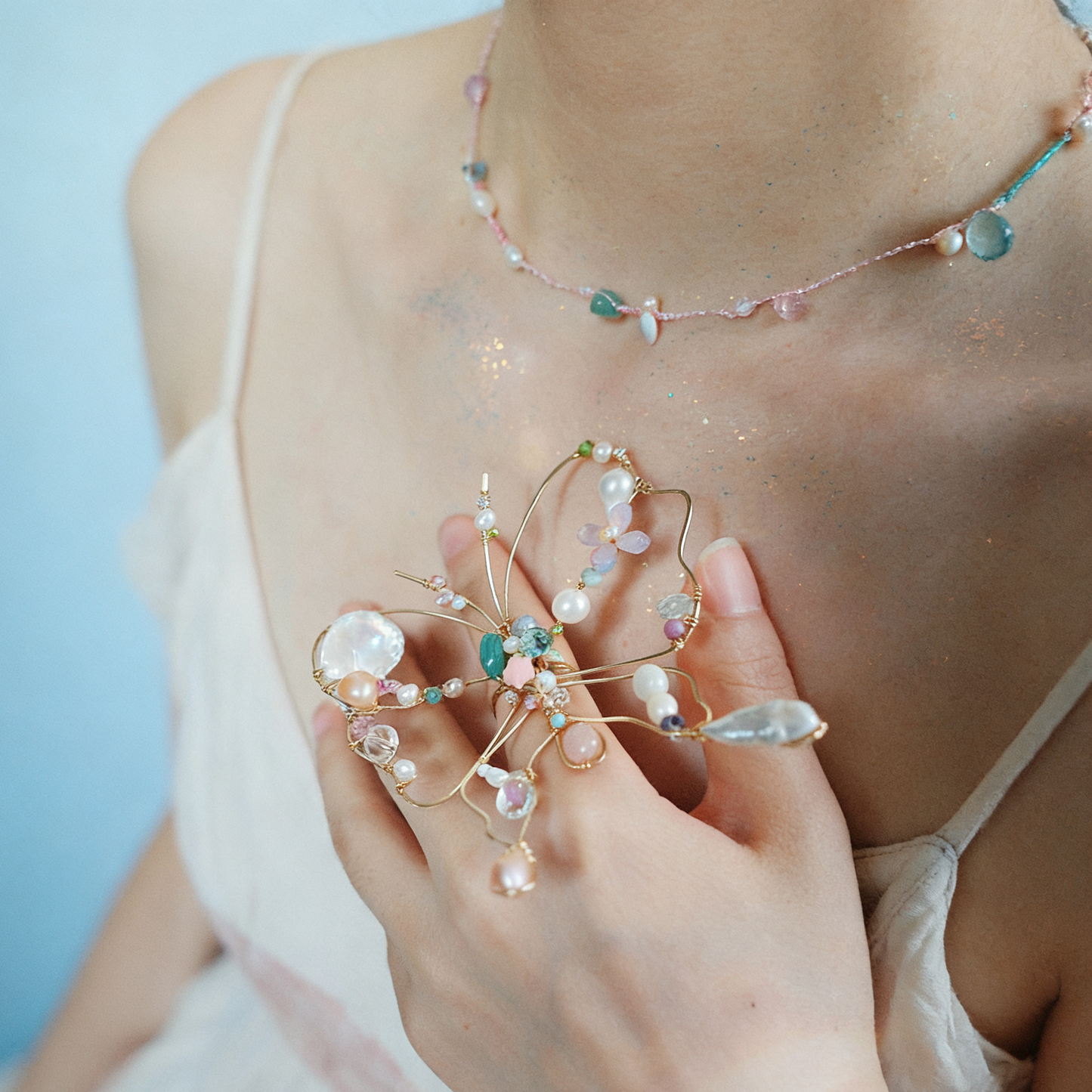 Organic style butterfly statement ring made with copper wire and pearls