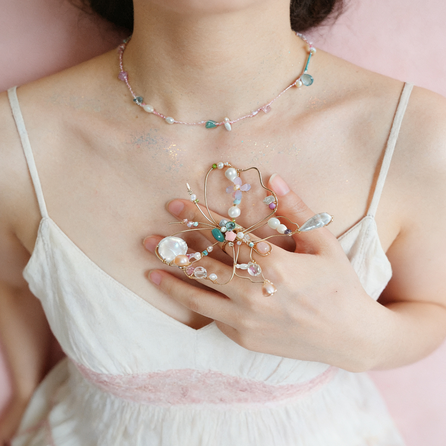 Organic style butterfly statement ring made with copper wire and pearls
