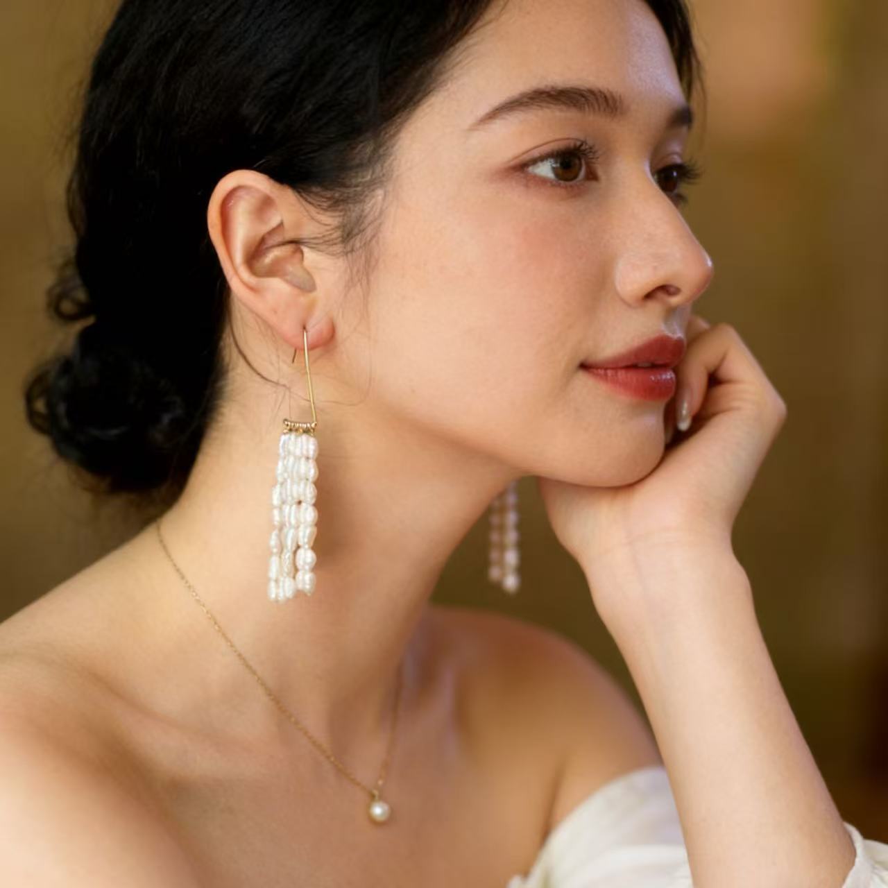 Multi Strand Pearl Fringe Drop Earrings