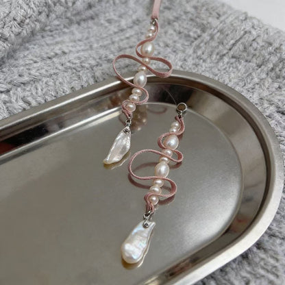 Baroque Pearl Ribbon Drop Earrings in Soft Pink