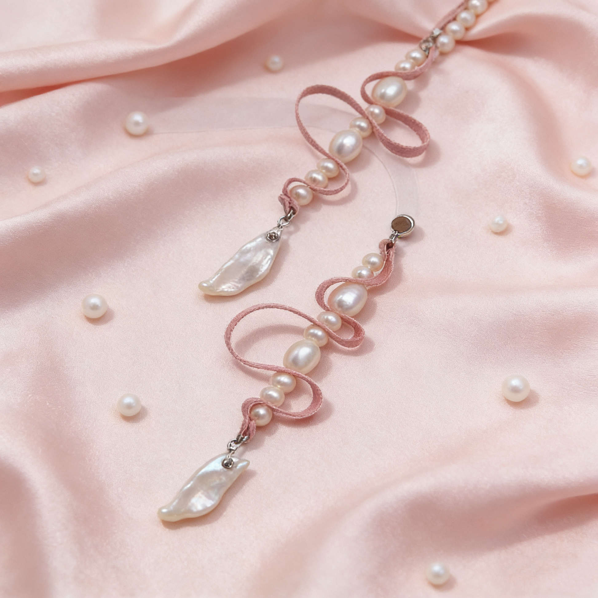 Baroque pearl ribbon drop earrings in soft pink