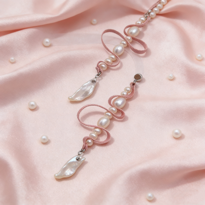 Baroque pearl ribbon drop earrings in soft pink