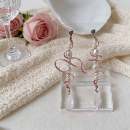 Baroque Pearl Ribbon Drop Earrings in Soft Pink