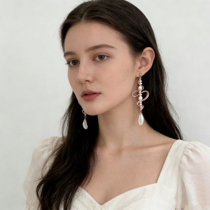 Baroque Pearl Ribbon Drop Earrings in Soft Pink