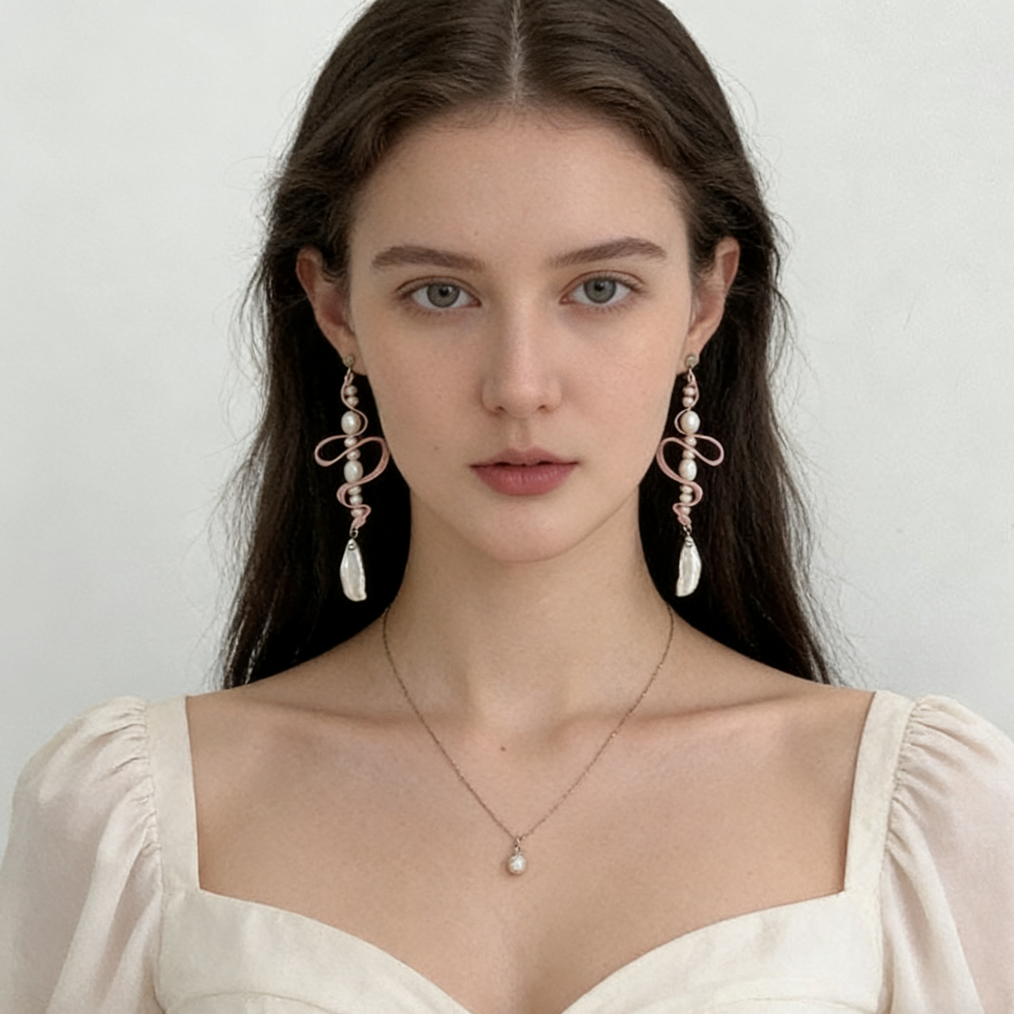 Soft pink baroque pearl earrings with flowing design