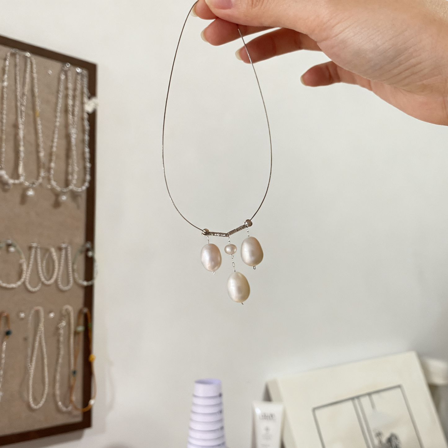 Pearl Drop Necklace with Triple Pendant Details