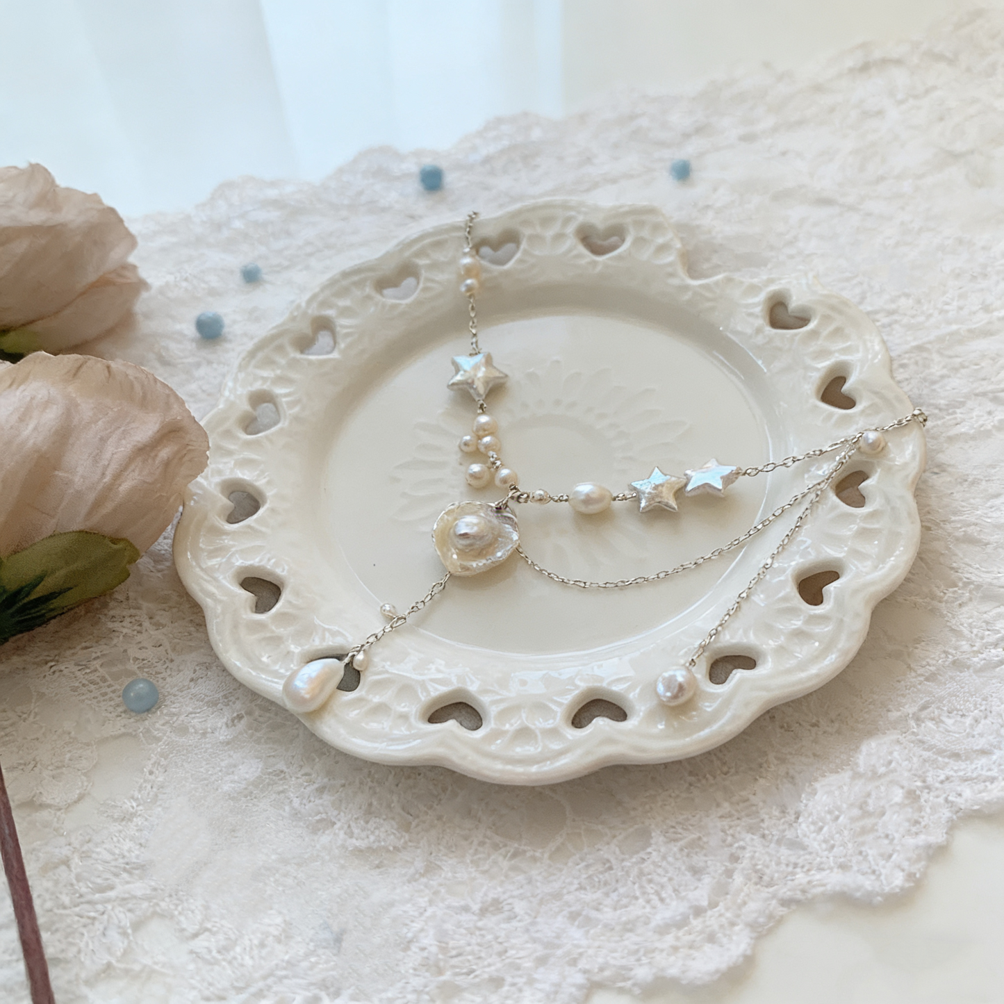 Layered Pearl Necklace with Star Details – Soft White