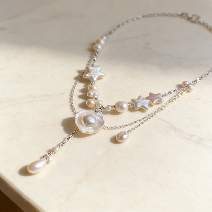 Layered Pearl Necklace with Star Details – Soft White