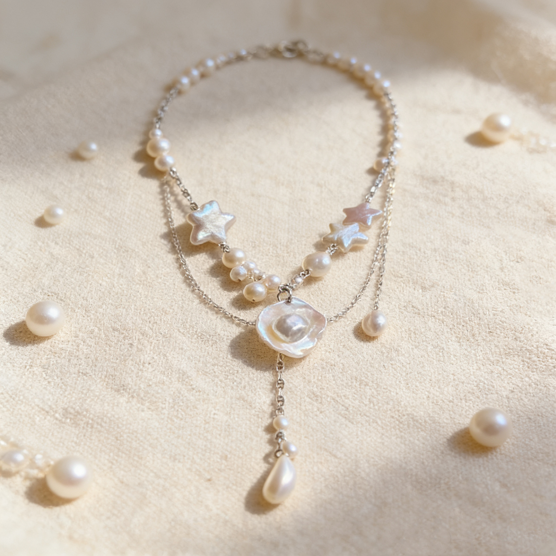 Star-shaped pearl details on delicate layered necklace
