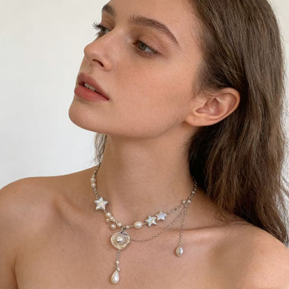 Layered Pearl Necklace with Star Details – Soft White