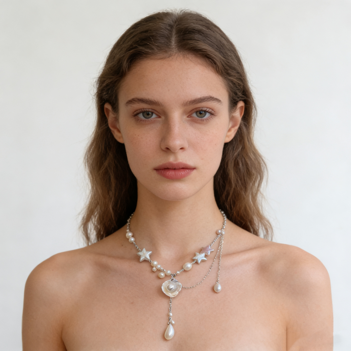 Layered Pearl Necklace with Star Details – Soft White