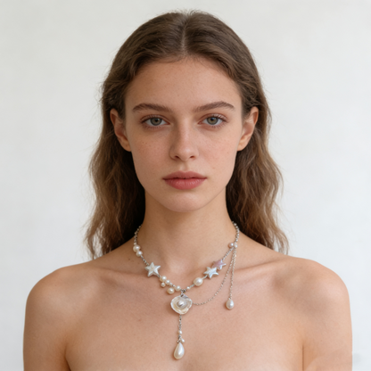 Layered Pearl Necklace with Star Details – Soft White