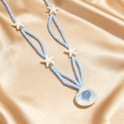 Starfish Shell Beaded Necklace – Soft Blue