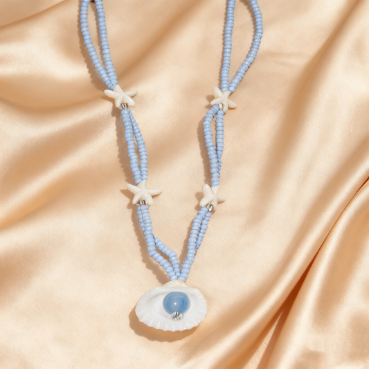 Starfish Shell Beaded Necklace – Soft Blue