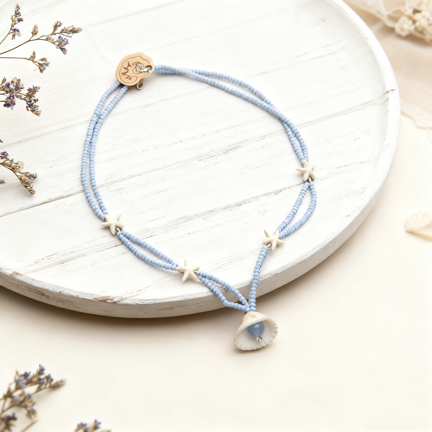 Starfish Shell Beaded Necklace – Soft Blue