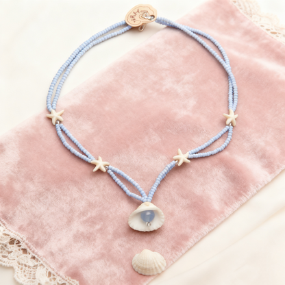 Starfish Shell Beaded Necklace – Soft Blue