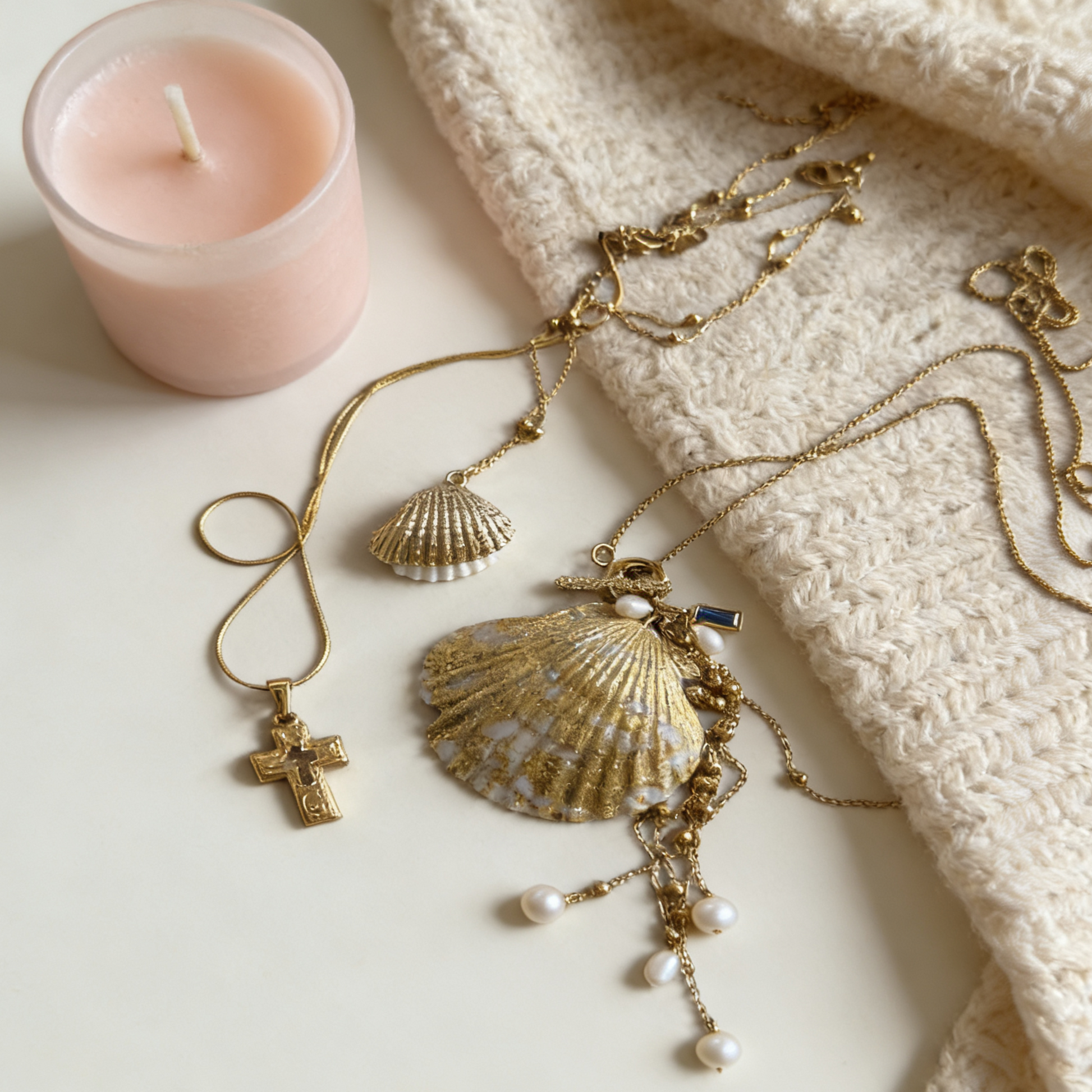 Elegant handmade necklace with gold shell pendant and natural pearls on display