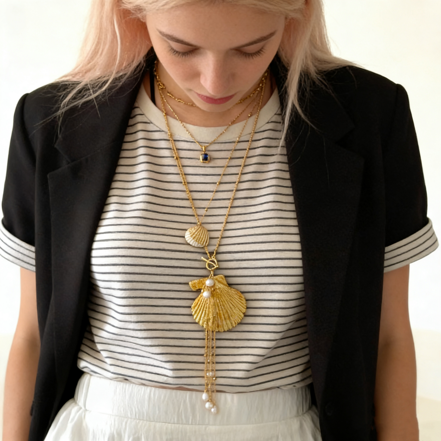 Handmade Gold Shell Pearl Pendant Necklace