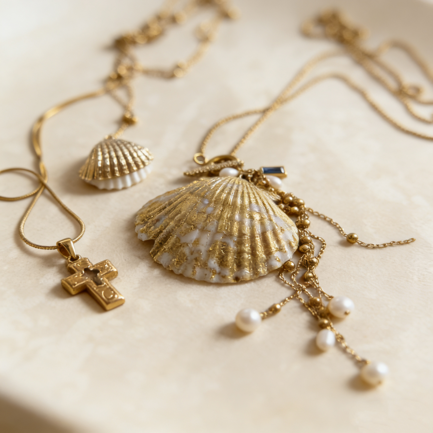 Handmade Gold Shell Pearl Pendant Necklace